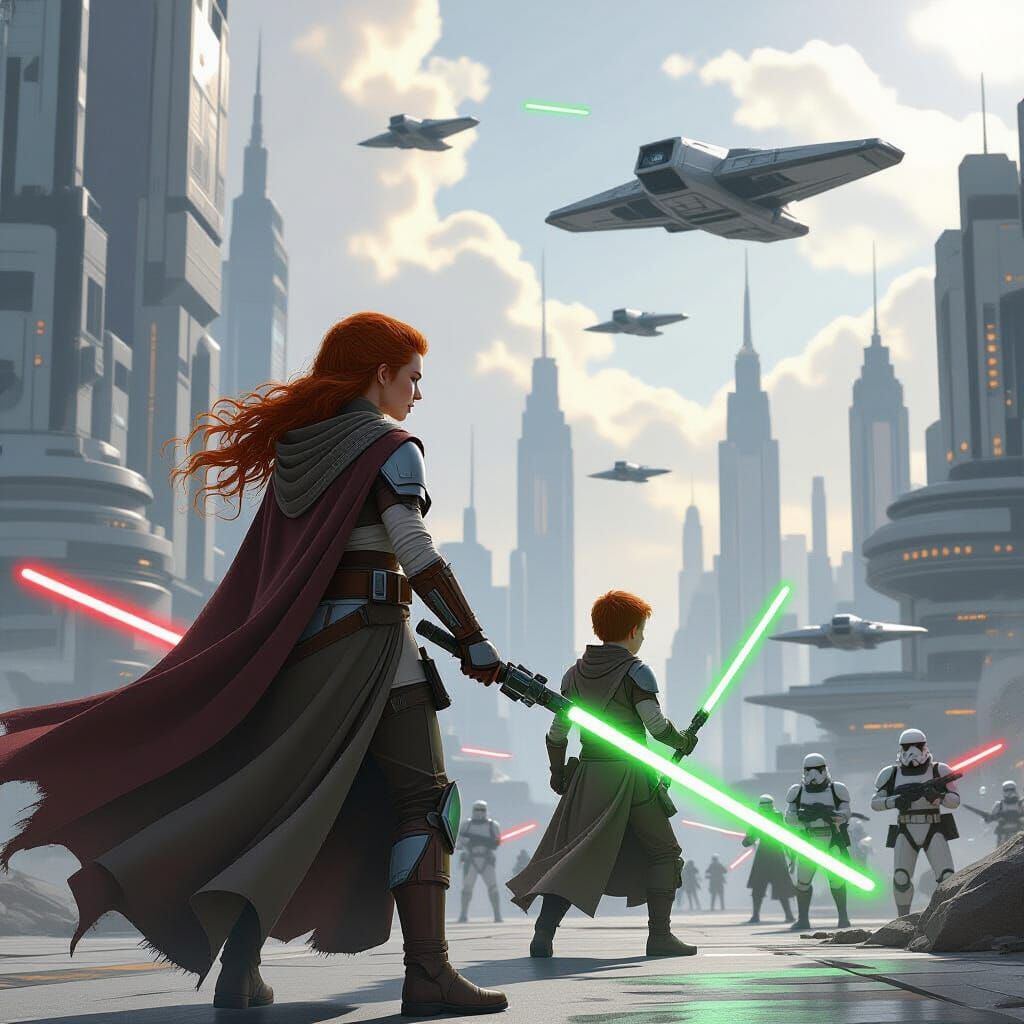 Jedi Battle in Futuristic Cityscape, Concept Art Style