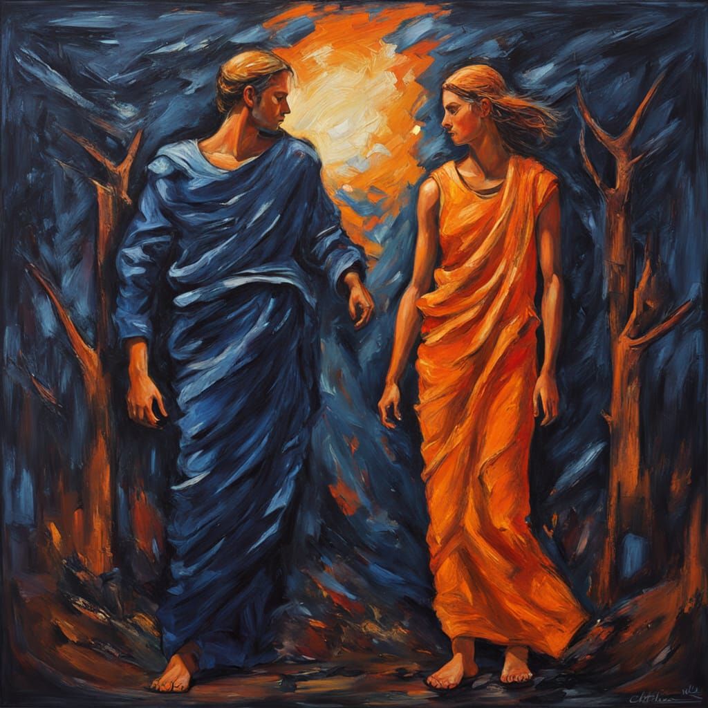 Orpheus and Eurydice in Underworld Expressionist Painting