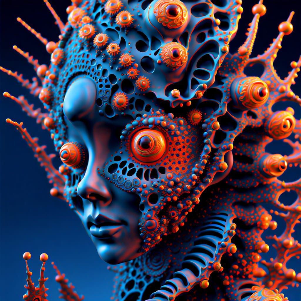 Abstract Crystalline Mask with Coral Features Floating in Bl...