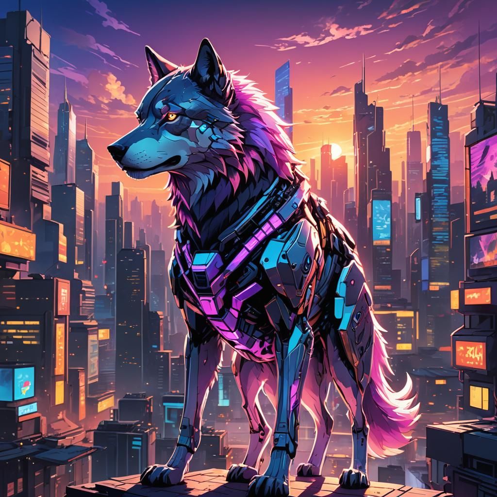 Cyborg Wolf in Neon Cityscape: Anime-Inspired Art