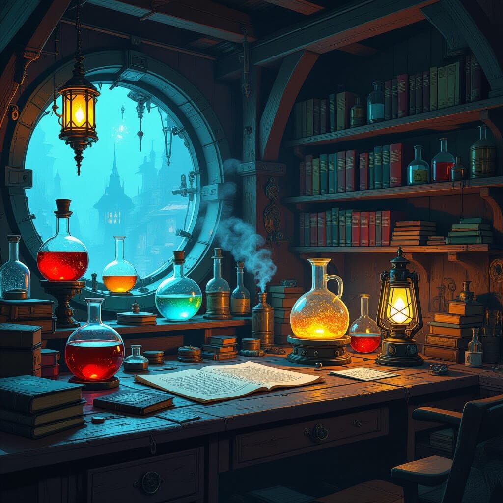 Cozy Alchemist's Room with Steampunk Lantern