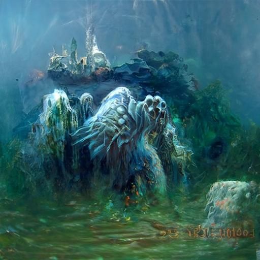 Bioluminescent Underwater Cavern with Guardian Beast