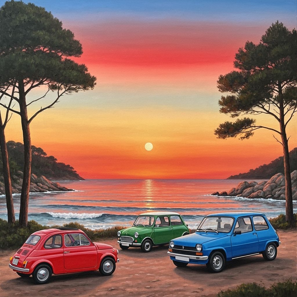 Serene Coastal Sunset with Classic Cars