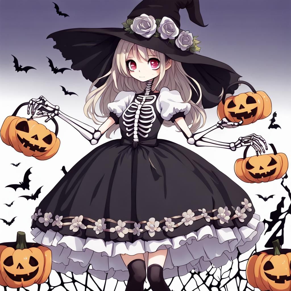 Cute Anime Skeleton Girl in Halloween Dress