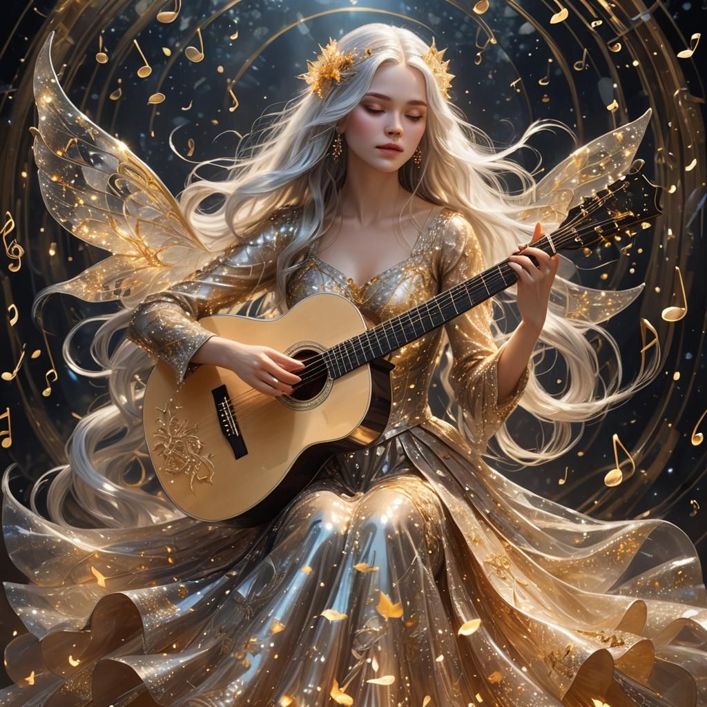 Woman with Glass Guitar in Fantasy Landscape