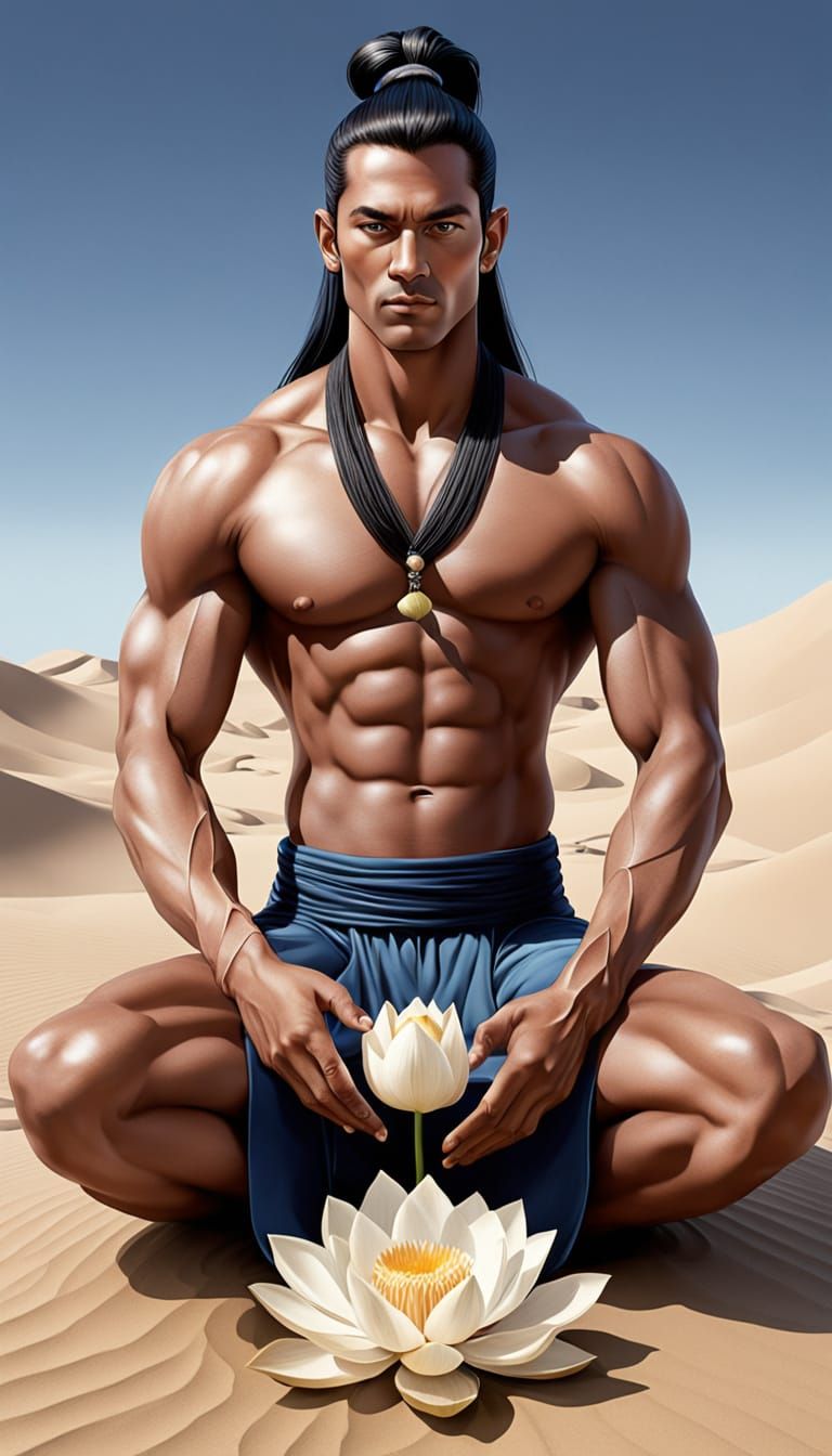 Male Genie on Floating Lotus in Oasis, Photorealistic Art