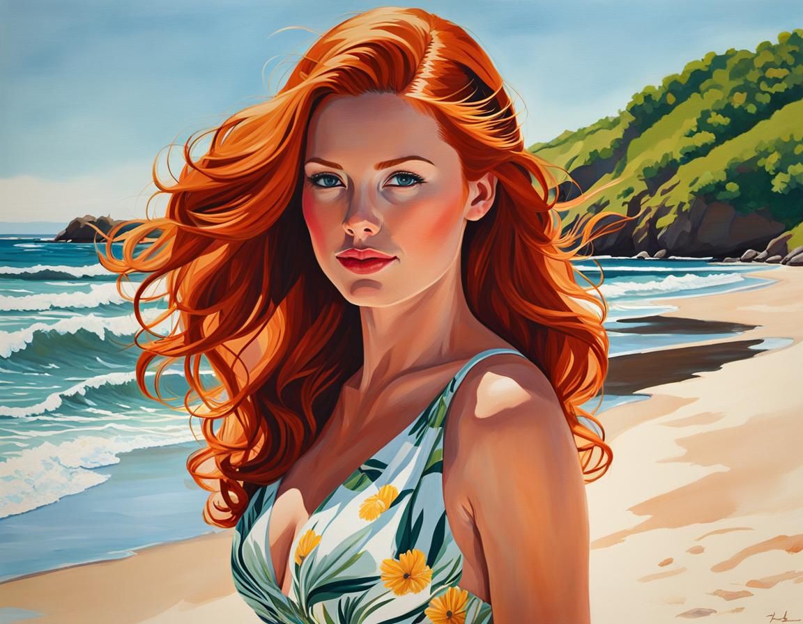 Redhead Model on Beach in Gouache Style