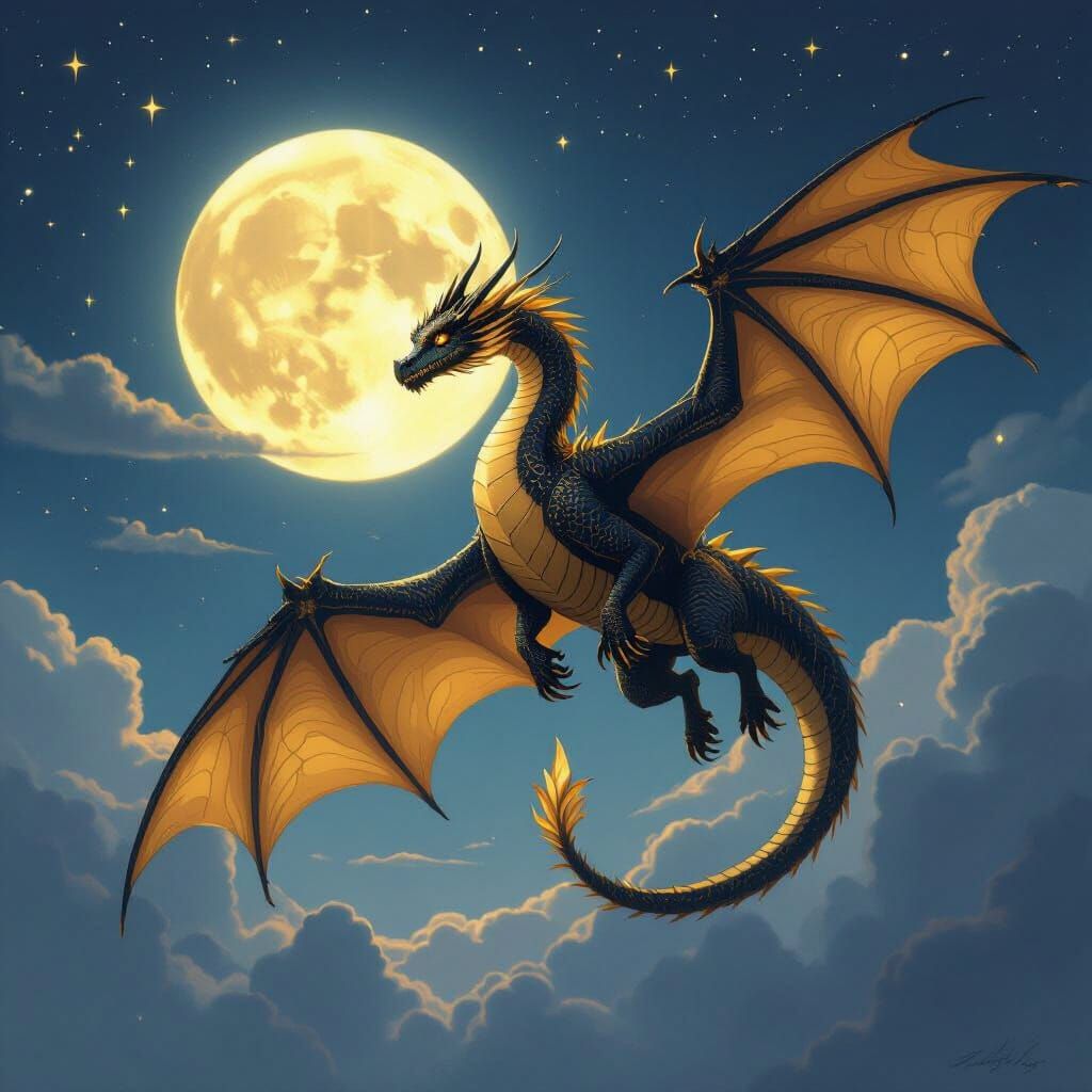 Gold and Black Dragon Soaring Under Full Moon
