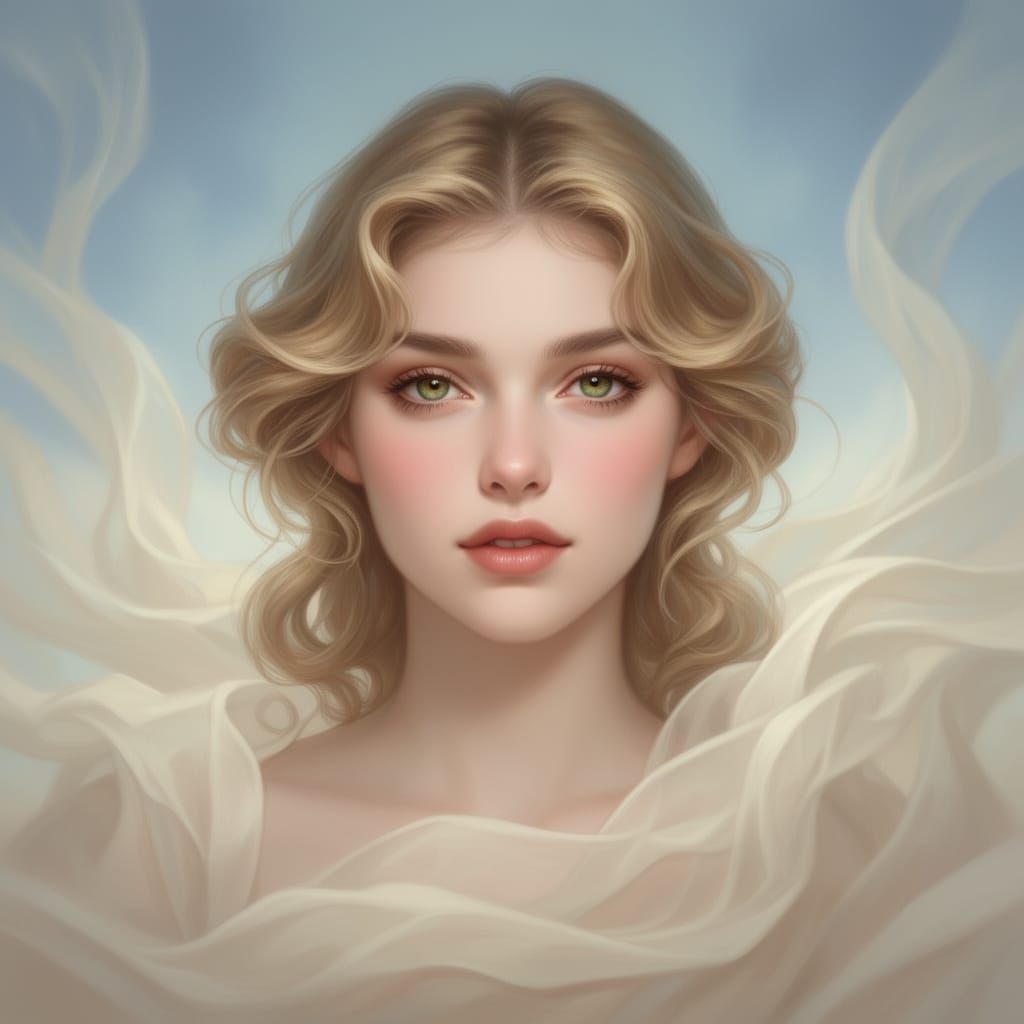 Ethereal Portrait of a Serene Woman with Flowing Fabric
