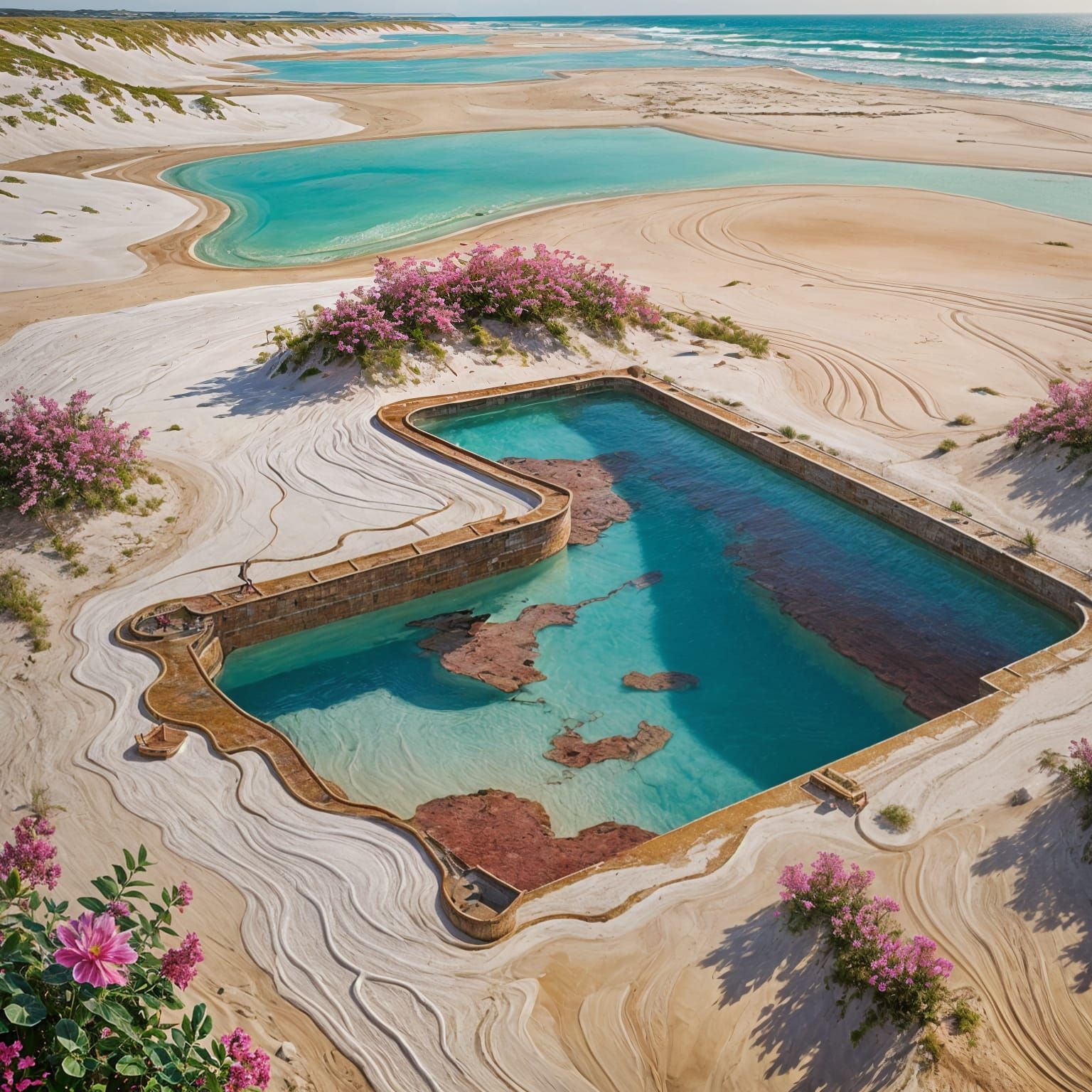Surreal Pool with Fuchsia Flowers in Dali Style