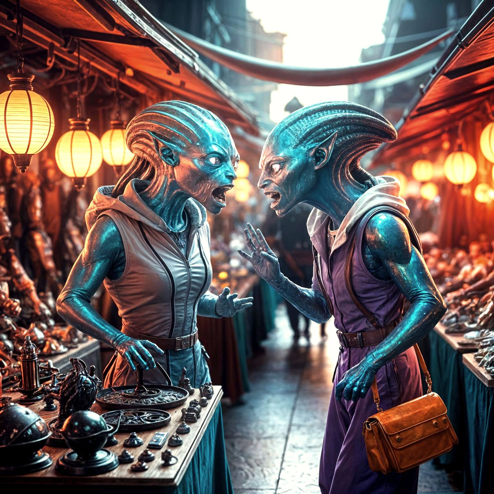 Intergalactic Argument at a Vibrant Alien Flea Market