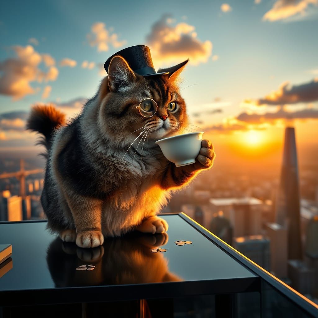 Elegant Scottish Fold Cat Sipping Tea on London's Shard Skys...