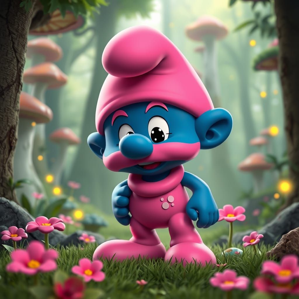 Whimsical Smurf in Cyberpunk Wonderland