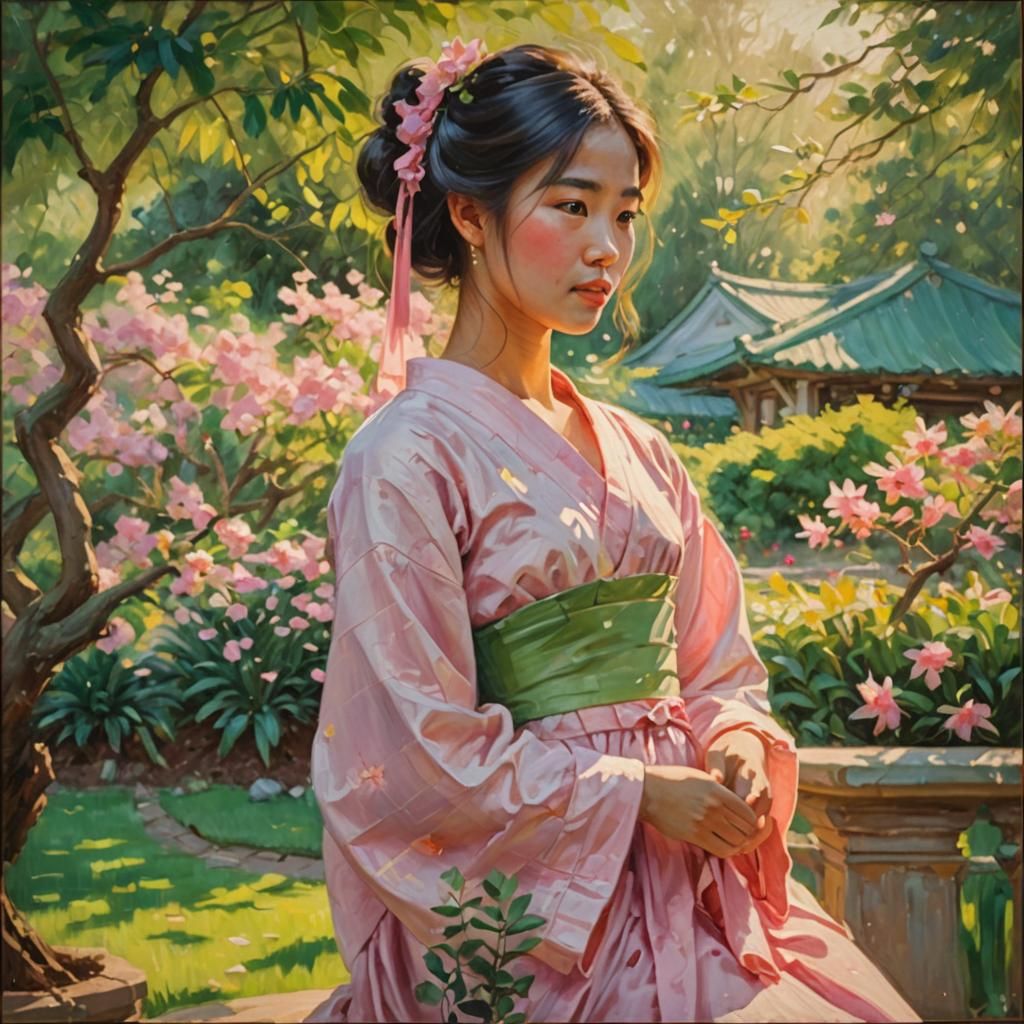 Young Asian Woman in Garden, Impressionist Oil Painting
