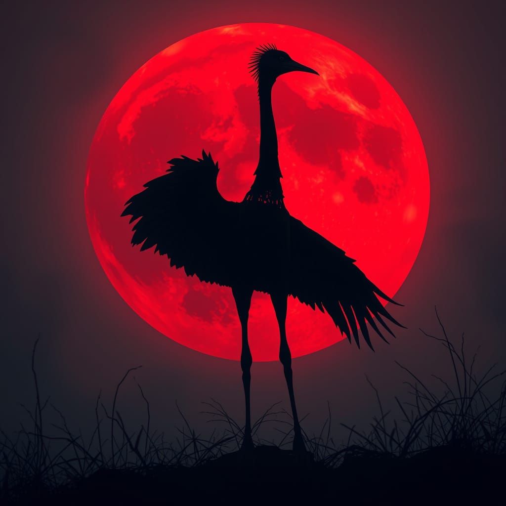 Crane Silhouette Against Blood Red Moon, Dark Fantasy Style