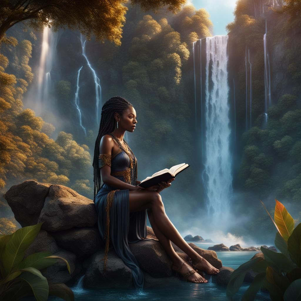 Goddess of Nature Reading by Waterfall