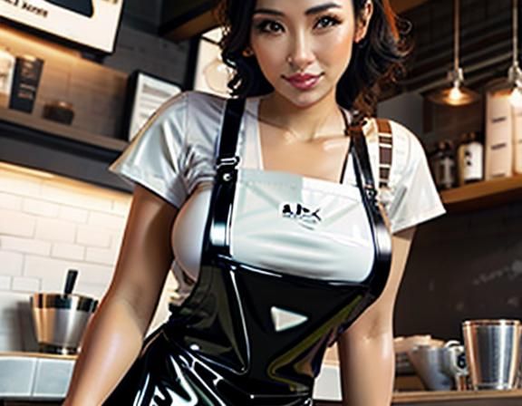 Barista's Latex-Apron Handing Coffee Cup, Extreme Close-Up