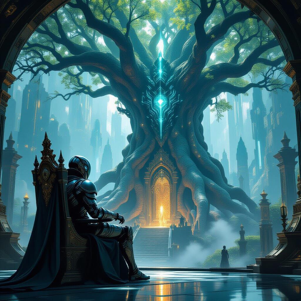 Android King in Cybernetic Armor Surveys Kingdom from Ancien...