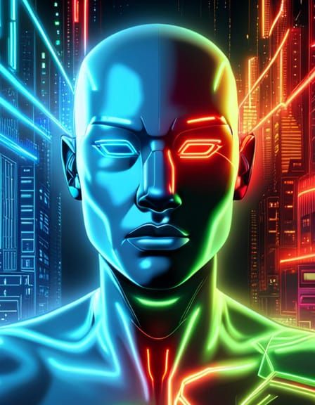 Cyberpunk Cyborg Amidst Neon Computer Network