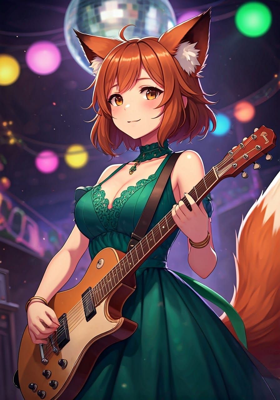 Anime Concept Art of Disco Girl with Fox Ears Playing Guitar