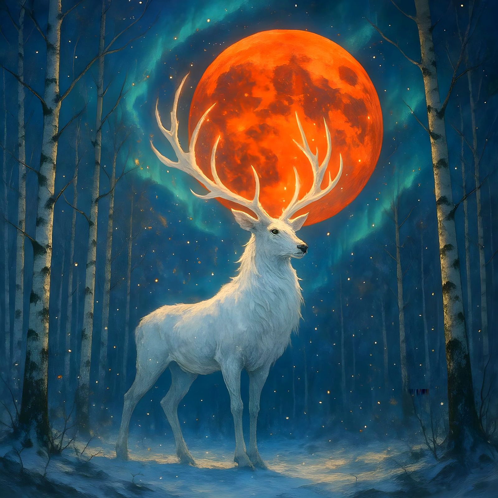 Celestial Stag in Ethereal Winter Wonderland
