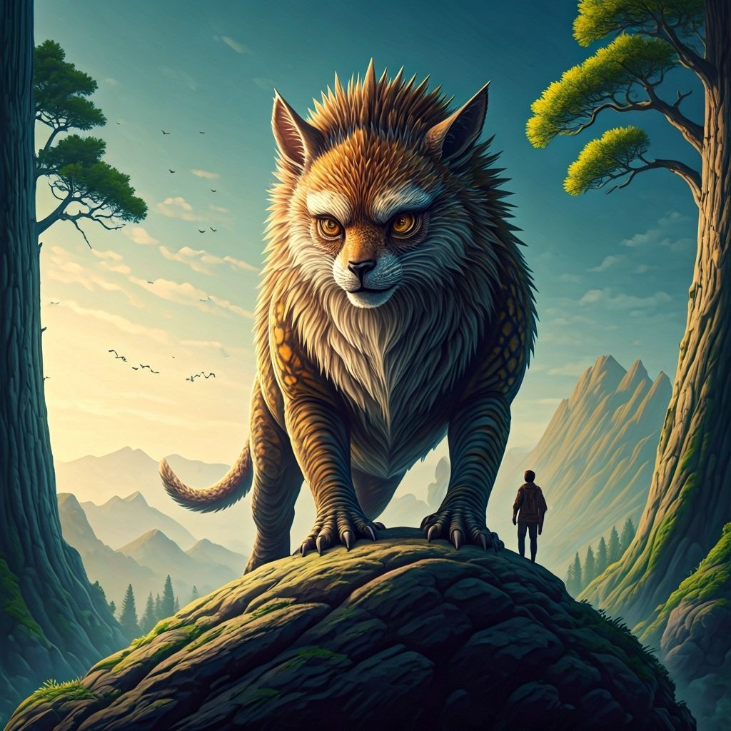 Imaginary Hybrid Creature on High Rock, Watched by Man