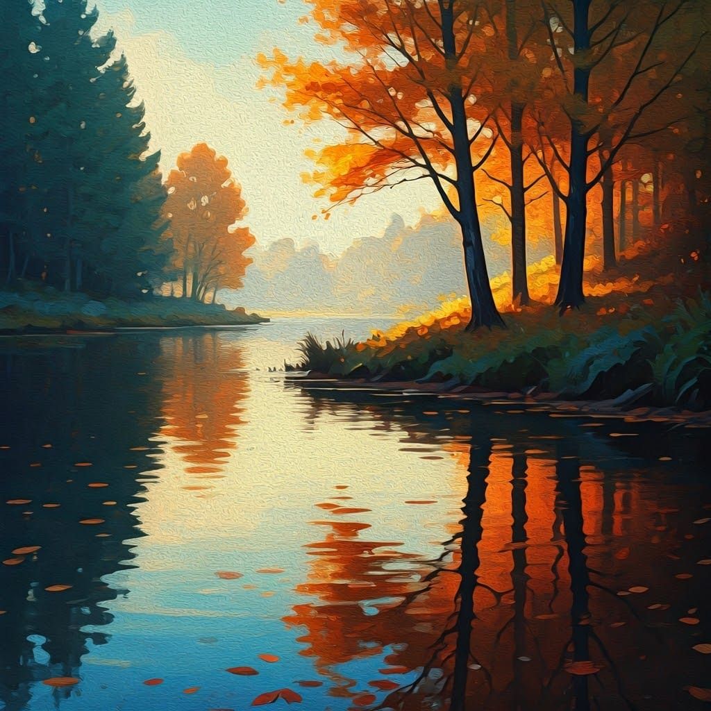 Impressionist Autumn Landscape Reflecting in Water