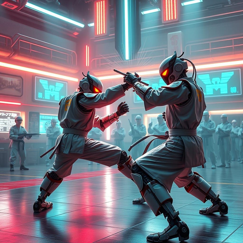 Cyberpunk Dojo: Robotic Karate Tournament in Neon Light