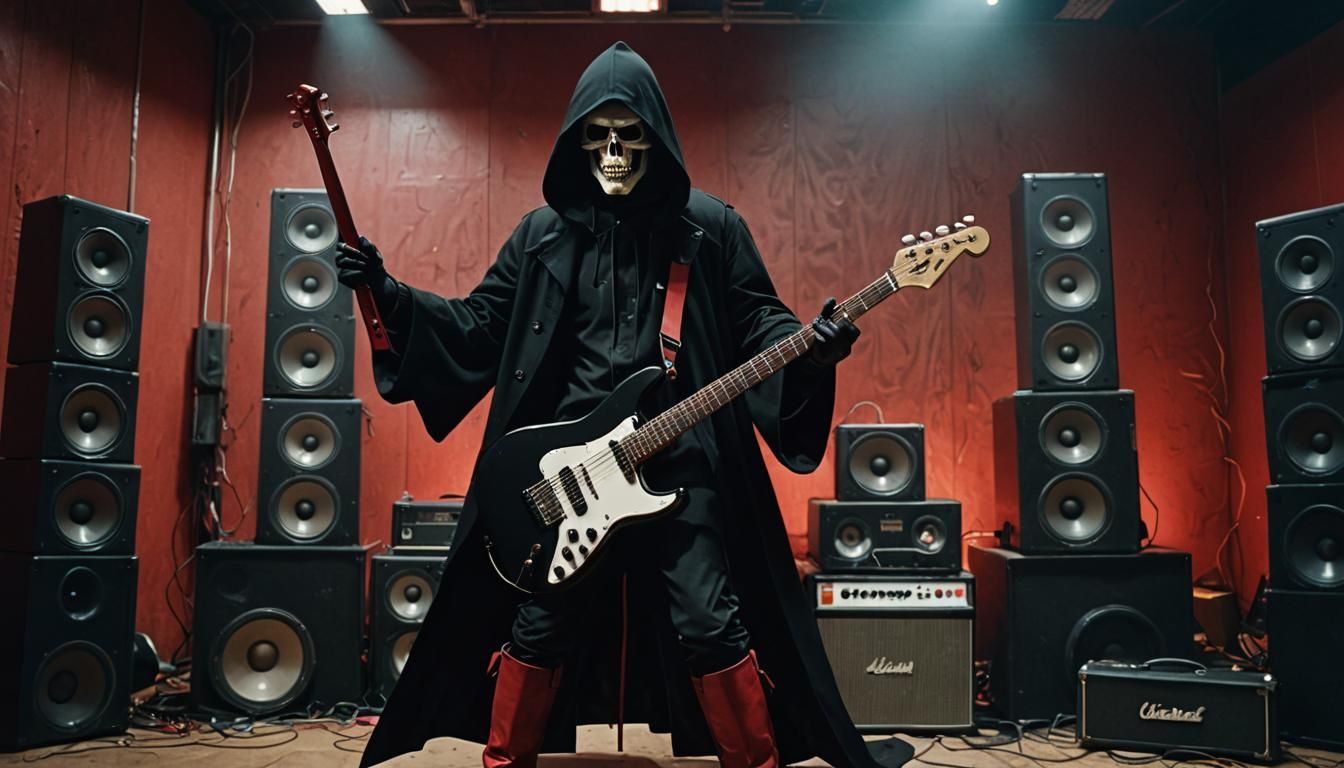 the Grim Reaper playing an electric guitar