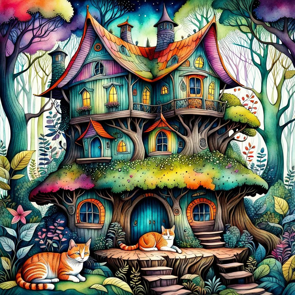 Mystical Cottage in Whimsical Forest with Sleeping Cat