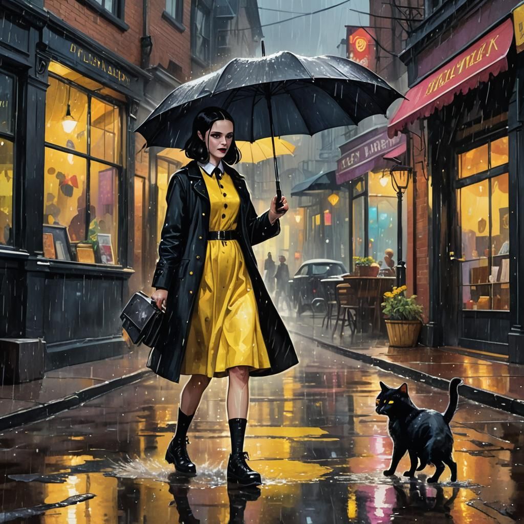 Wednesday Addams Inspired Watercolor Painting on Rainy Stree...