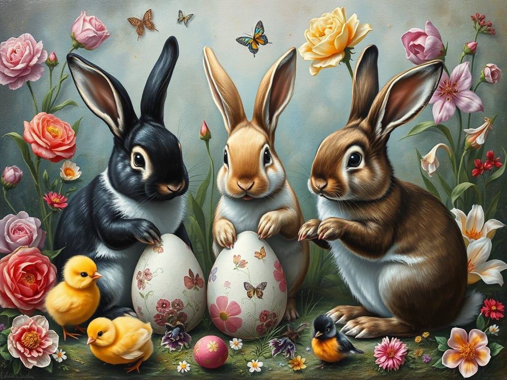 Bunnies and Chicks Painting Easter Eggs in Surreal Style