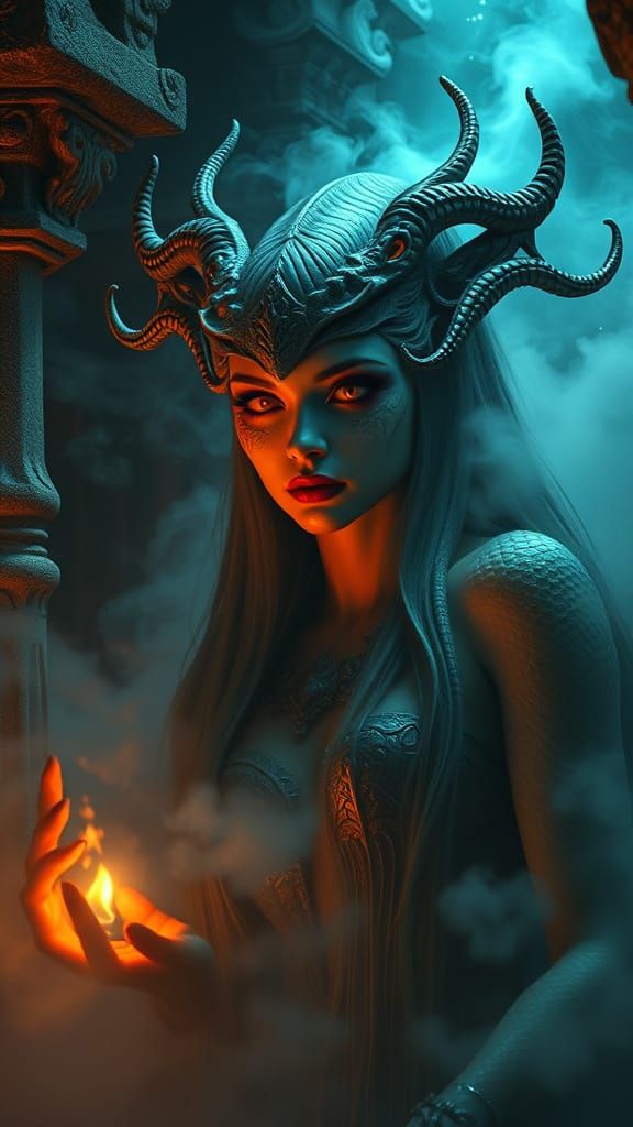 Mystical Enchantress Rises from Ethereal Fog in Forgotten Te...