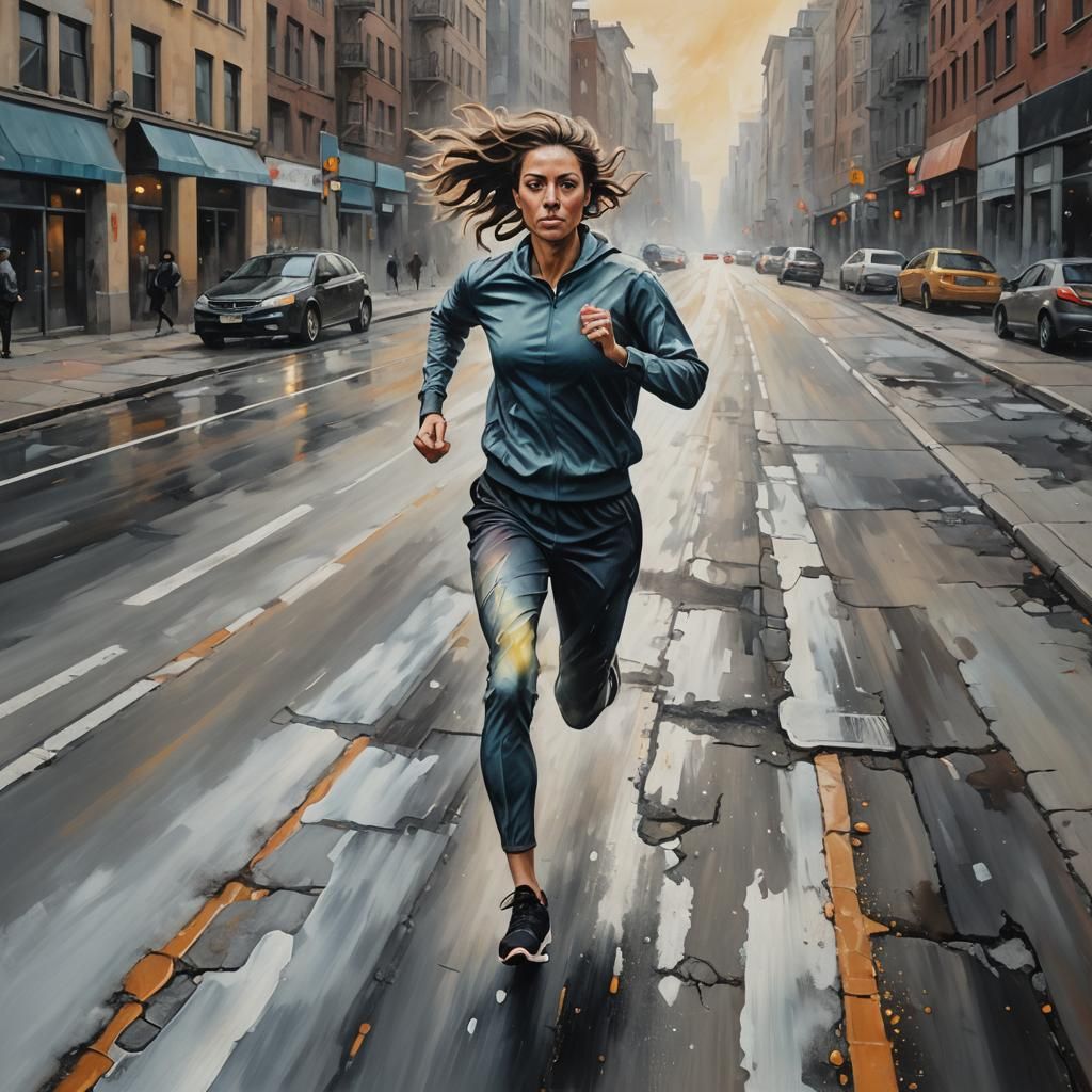 Distressed Woman Running: Surreal Oil on Canvas