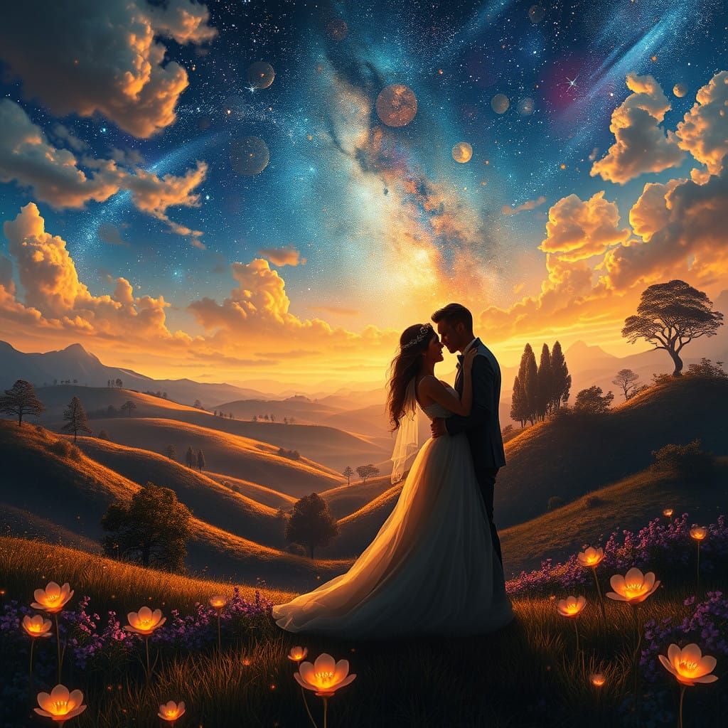 Whimsical Fantasy Couple Under Starry Night Sky