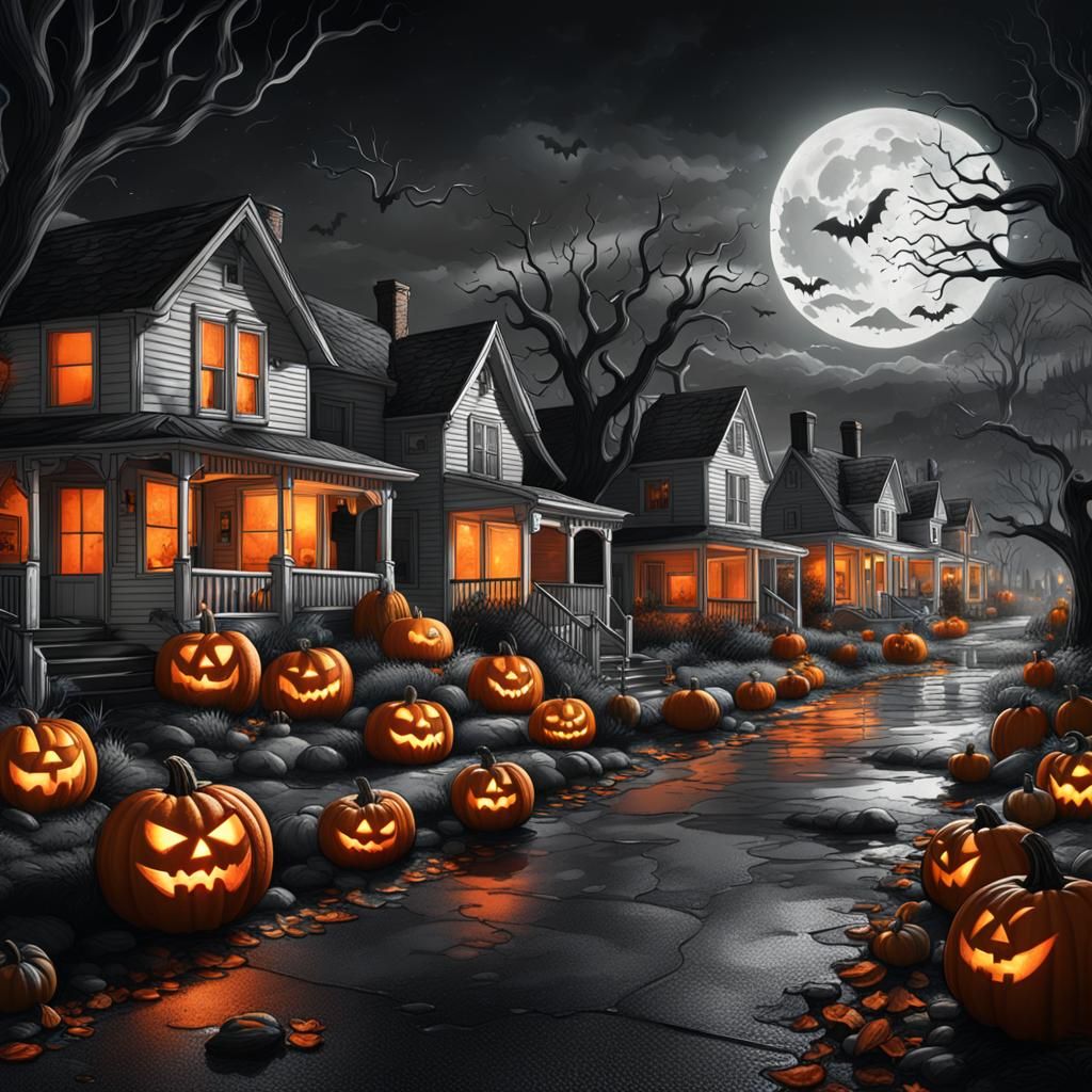 Eerie 1970s Suburbs Halloween Black and White Drawing