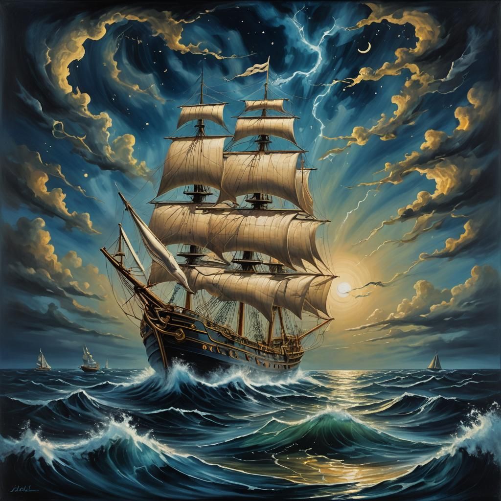 Surreal Sailing Ship on Bioluminescent Ocean in Dali Style