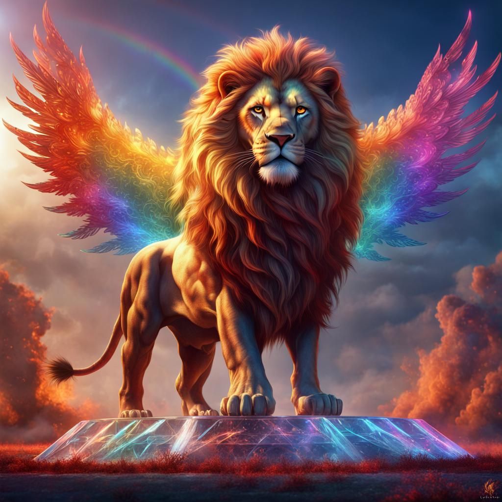 Rainbow Lion on Crystal Carpet in Detailed Matte Painting