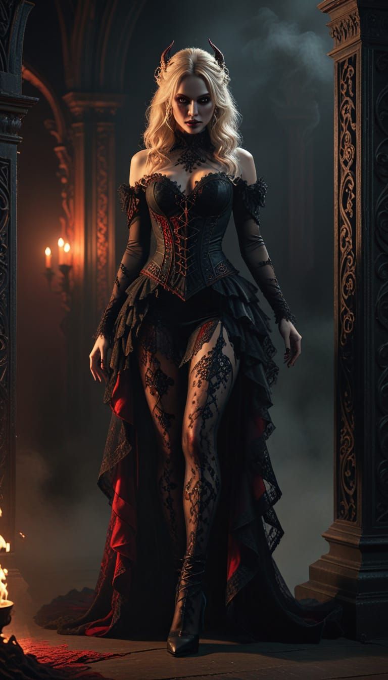 Demonic Woman Poses on Gothic Stage in Fantasy Horror Art