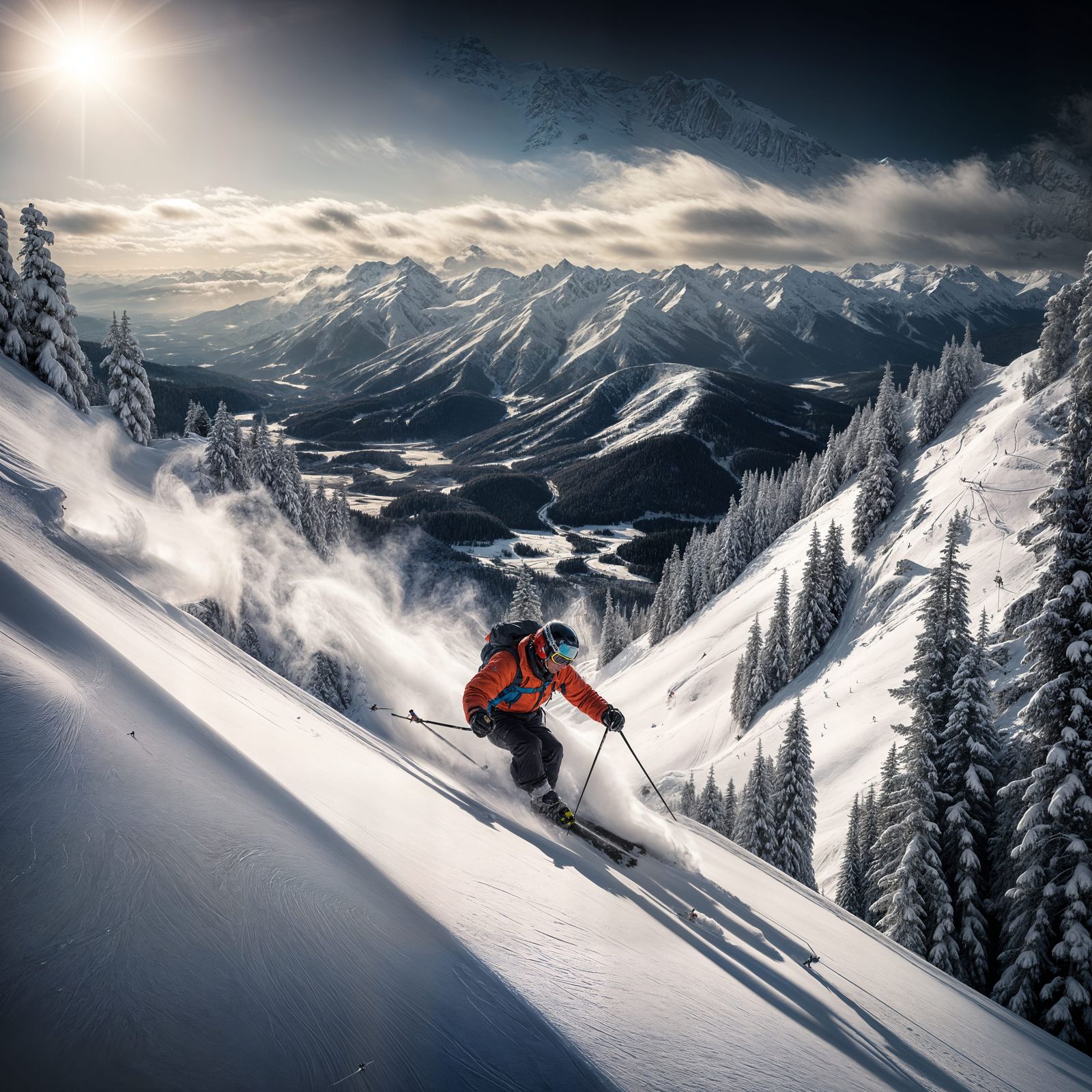 Hyperrealistic Skiing Down a Mountain in Cinematic Style
