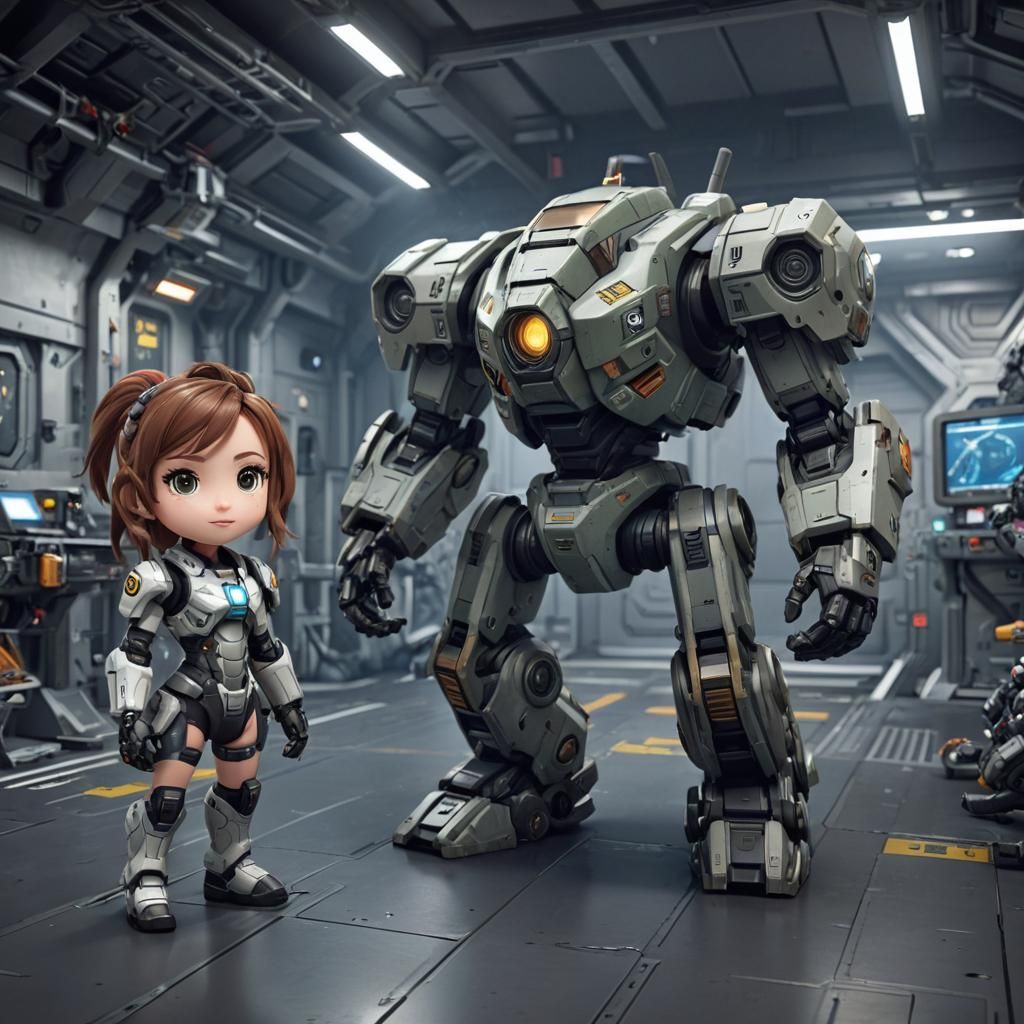 Chibi Battle-Mech and Pilot in Space Station Hangar