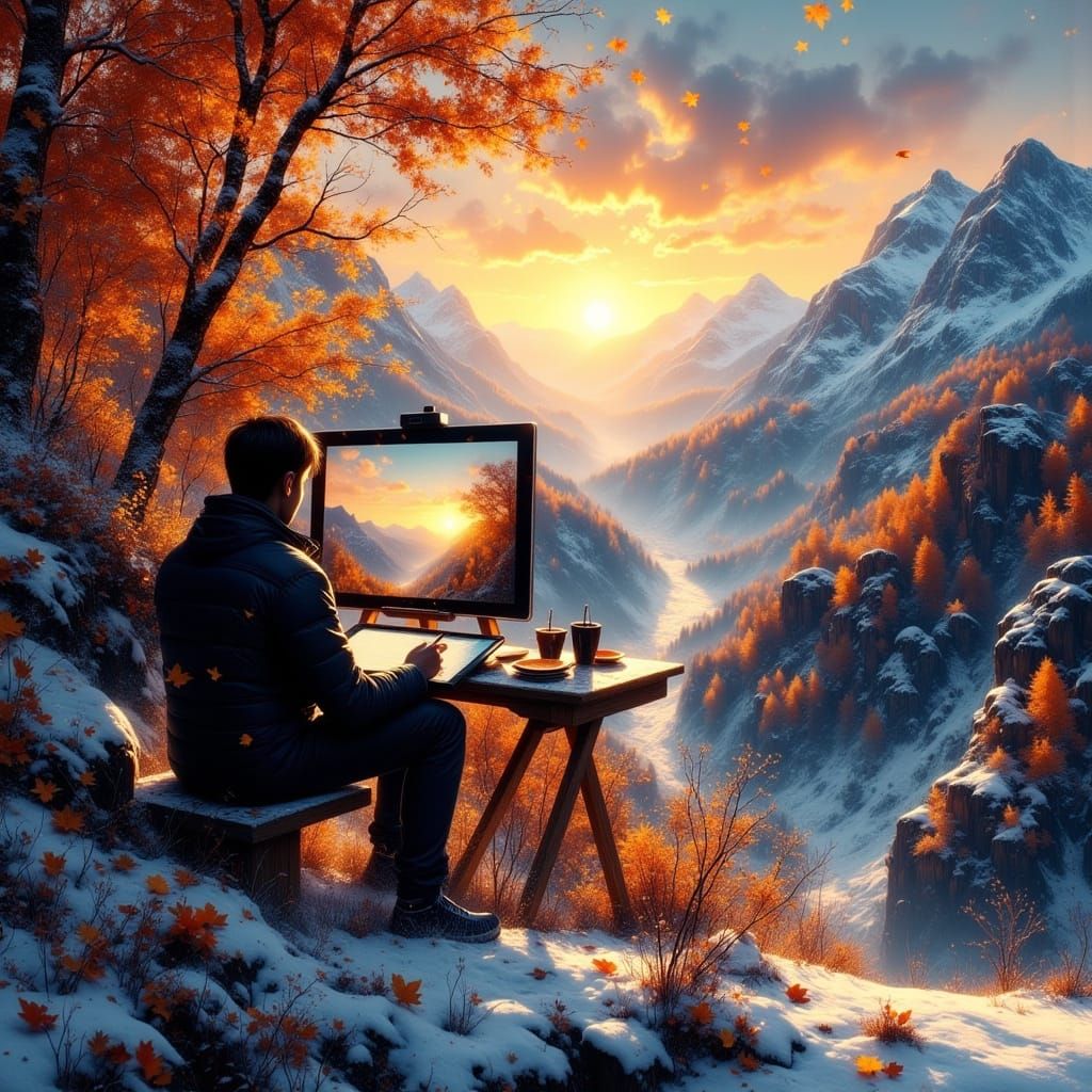 AI Artist Paints Autumn Sunrise Landscape on Tablet