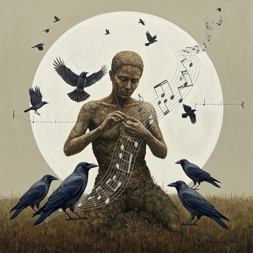 Surreal Figure Creates Music Amidst Crows and Notes