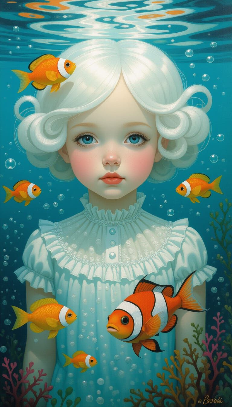 Surreal Girl with Seahorse in Dreamlike Style