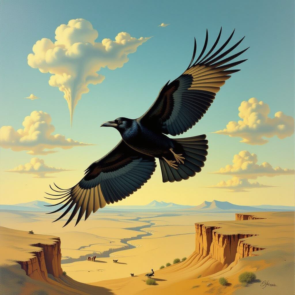 Surreal Raven Flies Through Melting Sky