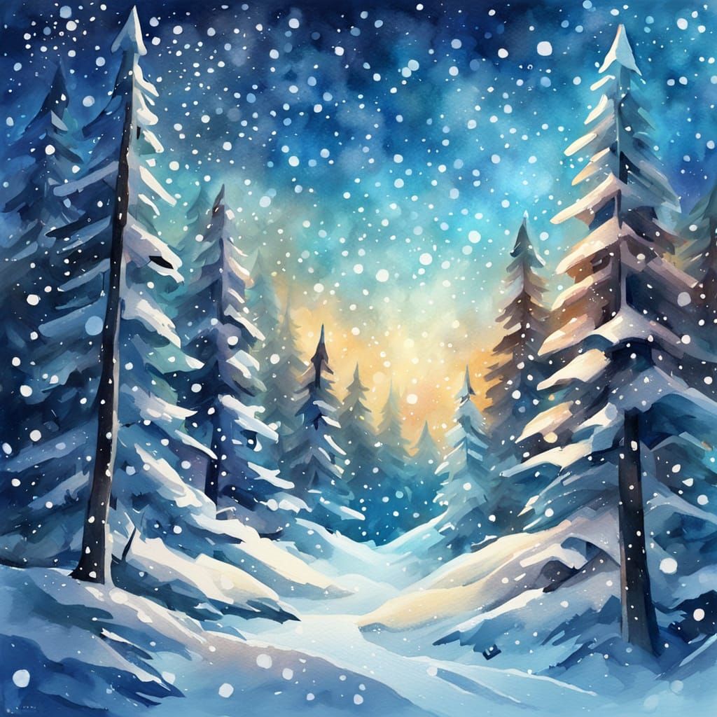 Winter Triangle in Snowy Forest as Gouache Painting