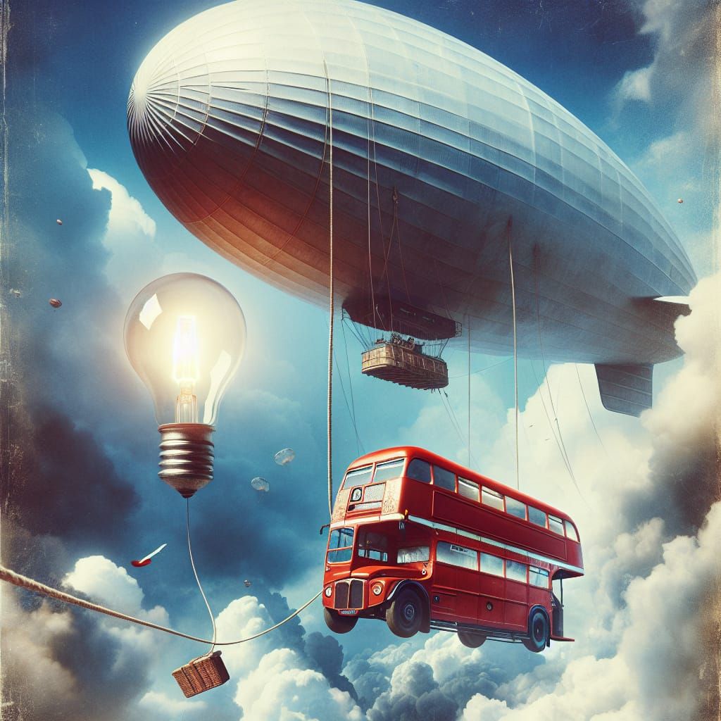 Surreal Double-Decker Bus Ascends in Vintage Poster Art