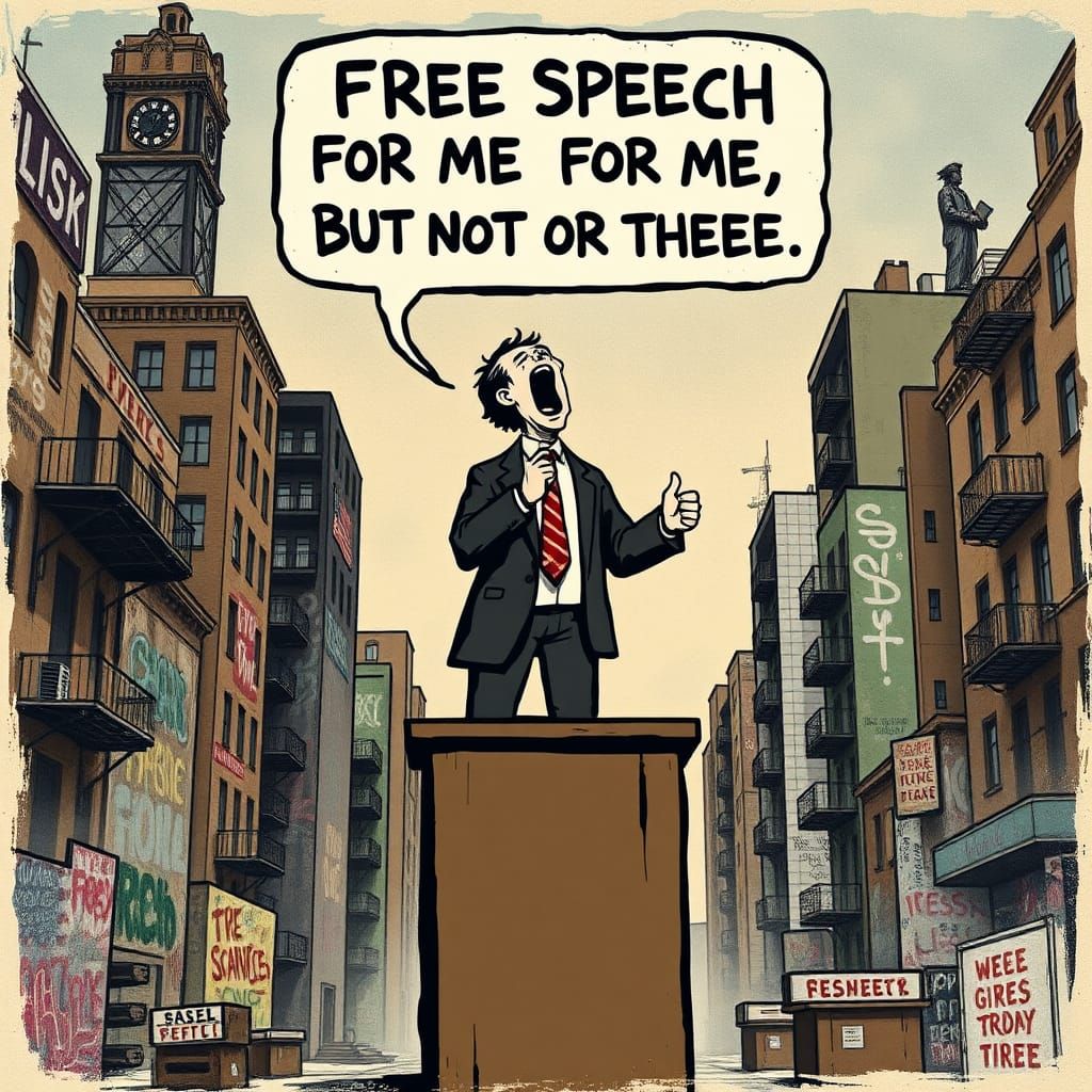 Satirical Free Speech Illustration in Graphic Novel Style