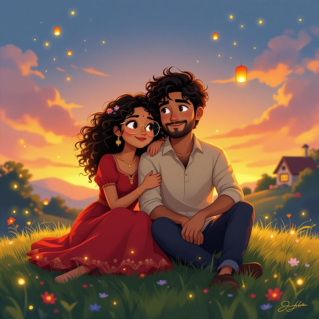 Romantic Indian Couple in Ghibli Style Illustration