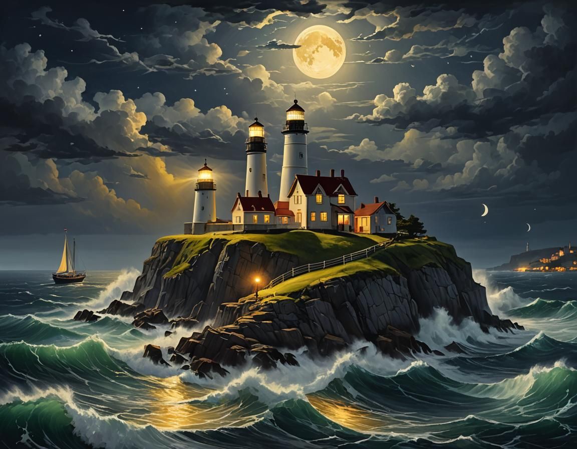 Stormy Seascape with Lighthouse and Moonlight
